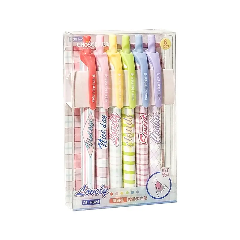 6-Pack Retractable Click Highlighter Pens – Quick-Drying, No-Bleed Chisel Tip Aesthetic Markers