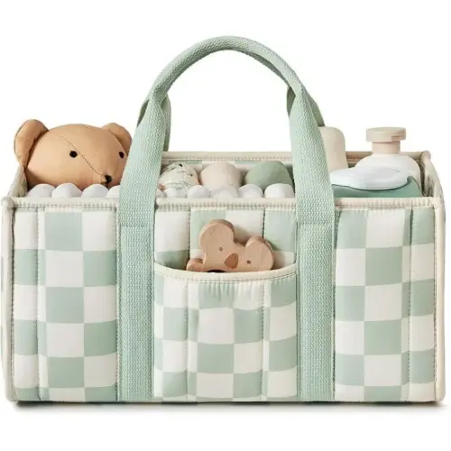 Portable Cotton Baby Diaper Caddy & Nursery Storage Tote – Large Capacity Handheld Organizer Bag (Green Grid)
