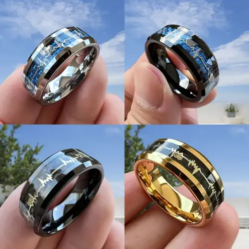 Men's 8mm Stainless Steel Heartbeat Ring – Carbon Fiber Inlay EKG Lifeline Wedding Band & Promise Ring