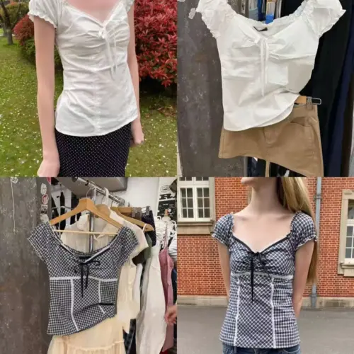 Chic Pleated V-Neck Puff Sleeve Blouse – Slim-Fit Drawstring Cotton Crop Top for Women