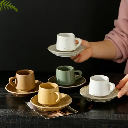 Vintage Ceramic Espresso Cup and Saucer Set (90ml) – Rustic Stoneware Coffee Cup for Latte Art