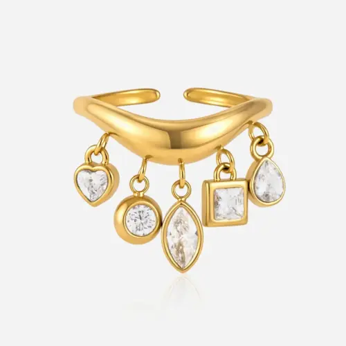 Chic Wave Open Ring with Sparkling Zircon Tassel Pendant – Tarnish-Resistant Gold Plated Stainless Steel Statement Ring for Women