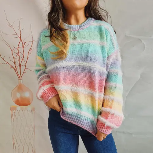 Women's Chic Ombre Striped Crewneck Sweater - Cozy Loose Fit Long Sleeve Knit Pullover