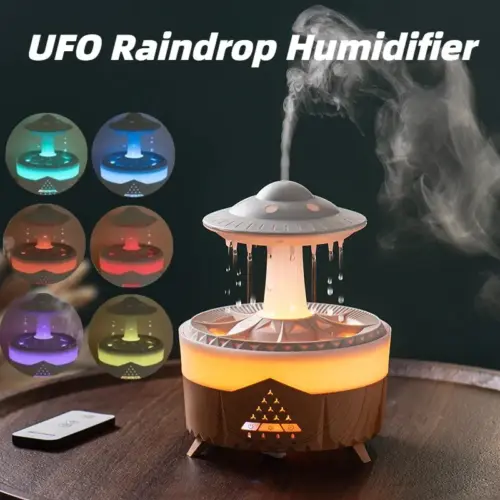 UFO Raindrop Air Humidifier & Essential Oil Diffuser – Soothing Rain Sound Mist Maker with 7-Color Ambient Night Light