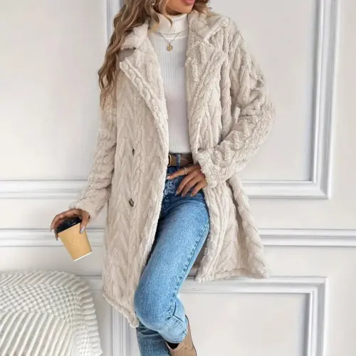 Women's Double-Sided Plush Cardigan Coat - Elegant Mid-Length Double-Breasted Outerwear with Patch Pockets