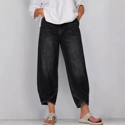 Women's Chic Patchwork Wide-Leg Denim Trousers - Casual Loose-Fit Jeans