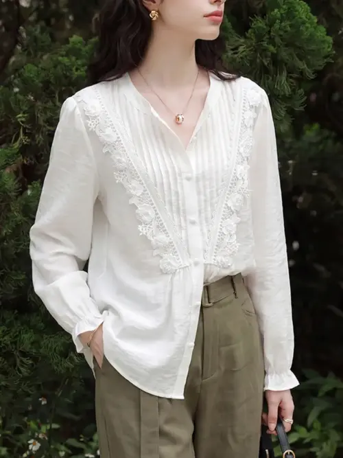 Floral Lace Trim Pleated V-Neck Blouse in Off-White | Elegant Bohemian Long Sleeve Top