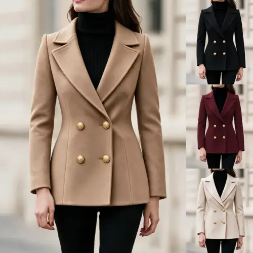 Women's Elegant Slim-Fit Double-Breasted Wool Coat | Chic Autumn & Winter Short Blazer Jacket