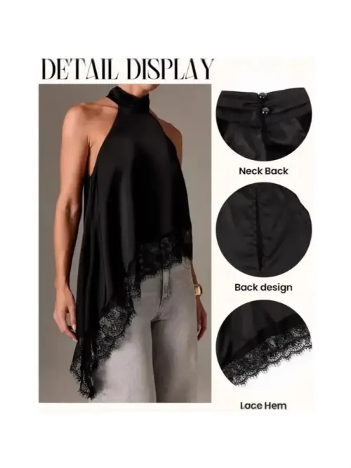 Women's Sexy Halter Neck Lace Trim Backless Top - Asymmetrical Hem Slimming Camisole
