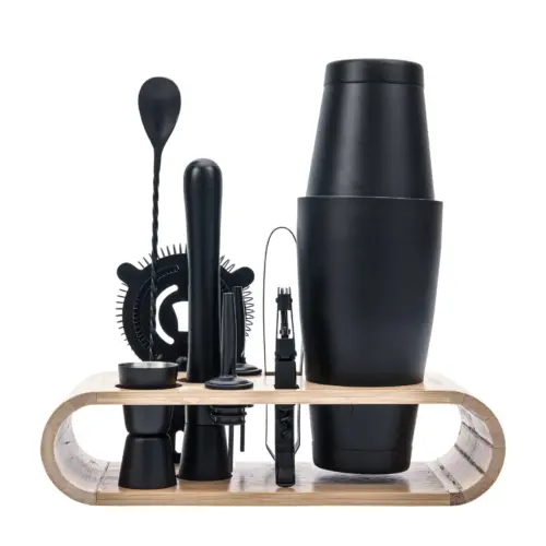 10-Piece Professional Boston Cocktail Shaker Set with Display Stand – Sleek Black Bartender Mixology Kit