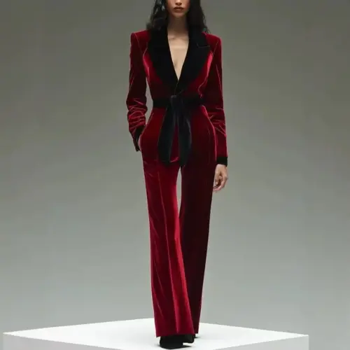 Women's Elegant Wine Red Velvet Jumpsuit - Chic Long Sleeve Autumn & Winter Evening Romper