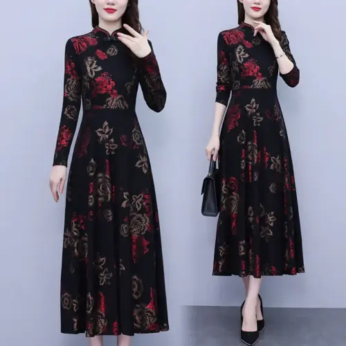 Women's Elegant Ethnic Floral Print One-Shoulder Midi Dress - Bohemian Autumn Chiffon Dress