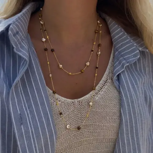 Maillard Amber Tiger's Eye & Pearl Layered Necklace - Elegant Bohemian Statement Jewelry