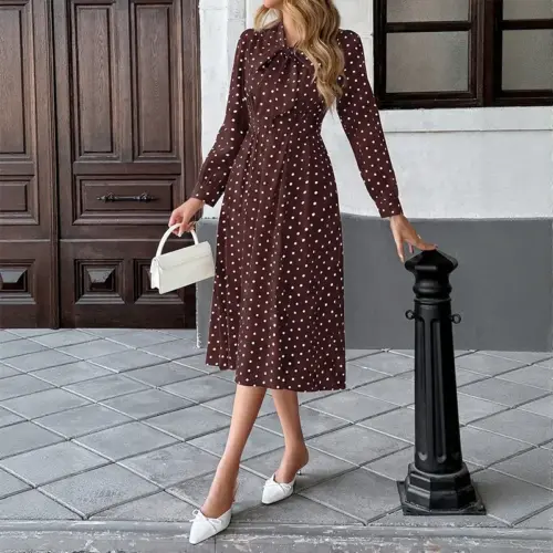 Women's Vintage Polka Dot A-Line Dress – Elegant Bow Tie Neck Long Sleeve High Waist Midi Dress