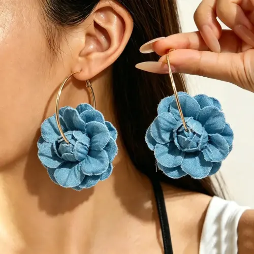 Handmade 3D Denim Flower Drop Earrings - Chic Geometric Floral Statement Jewelry for Women
