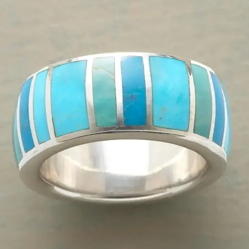 Vintage Turquoise Geometric Statement Band Ring – Silver-Tone Wide Brass Jewelry for Women