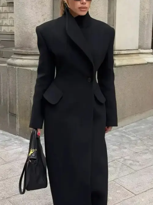Hourglass Longline Tailored Wool-Blend Maxi Coat in Black