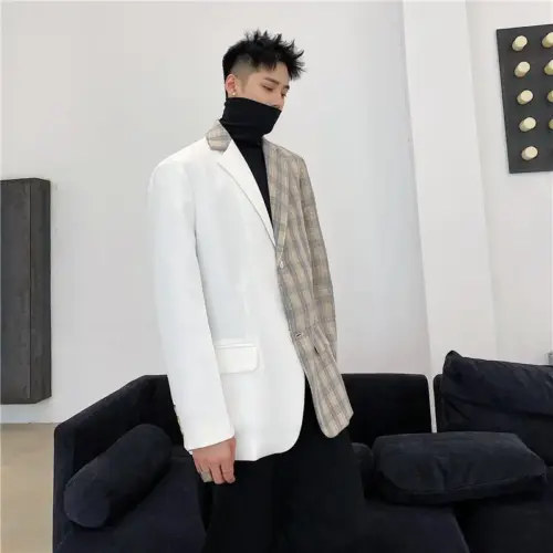 Men's Modern Färg-Block Plaid Suit Jacket - Loose Fit Two-Button Blazer