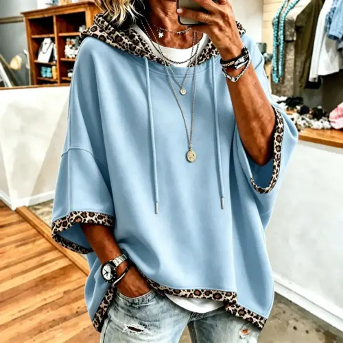 Women's Leopard Print Patchwork Hoodie - Casual 3/4 Bell Sleeve Drawstring Pullover Top