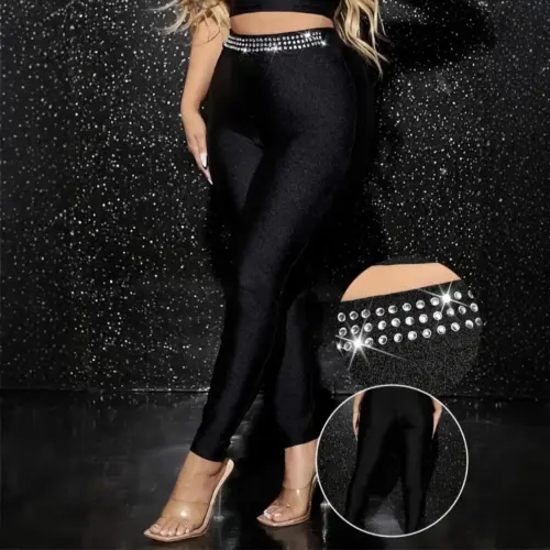 Women's High-Waisted Diamond-Embellished Glossy Trousers | Chic Sparkle Streetwear Pants