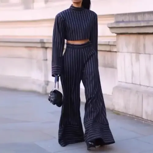 Women's Elegant Striped High-Waisted Pants Set - Casual Two-Piece Long Sleeve Outfit