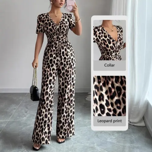 Women's Y2K Leopard Print V-Neck Jumpsuit | High-Waisted Pleated Wide-Leg One-Piece