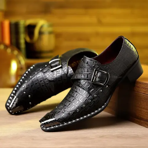 Men's British Retro Crocodile Pattern Monk Strap Shoes – Pointed Toe Leather Dress Shoes with Buckle and Rivets