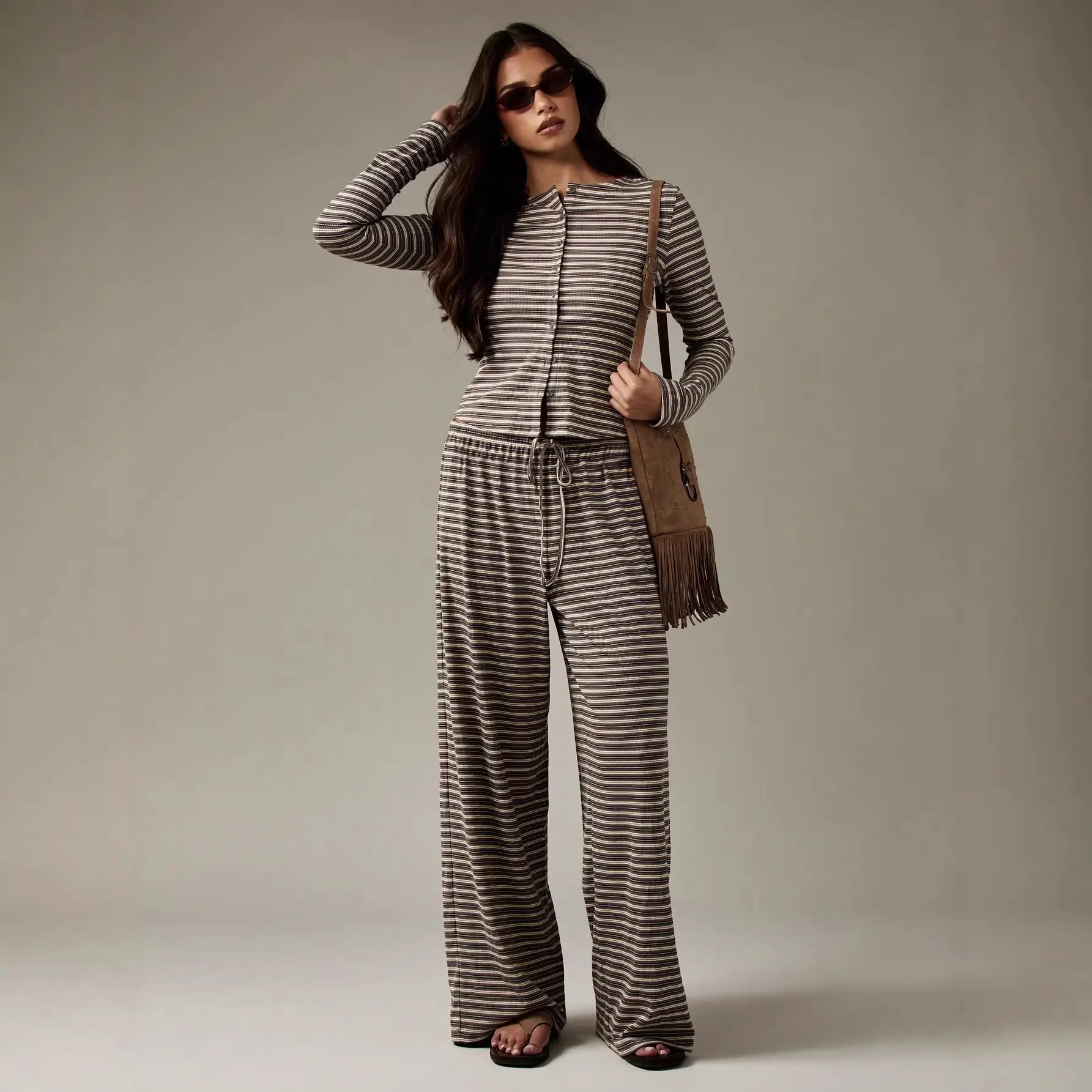 Women's Casual Striped Knit 2-Piece Set - Long Sleeve Cardigan and Matching Pants