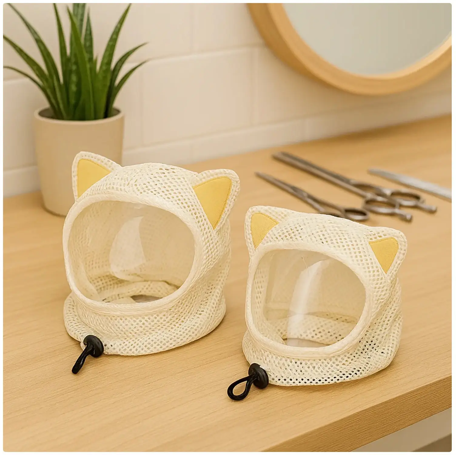Breathable Anti-Bite Cat Grooming Hood with Cute Ears – Adjustable Mesh Face Muzzle for Nail Trimming, Bathing & Vet Care