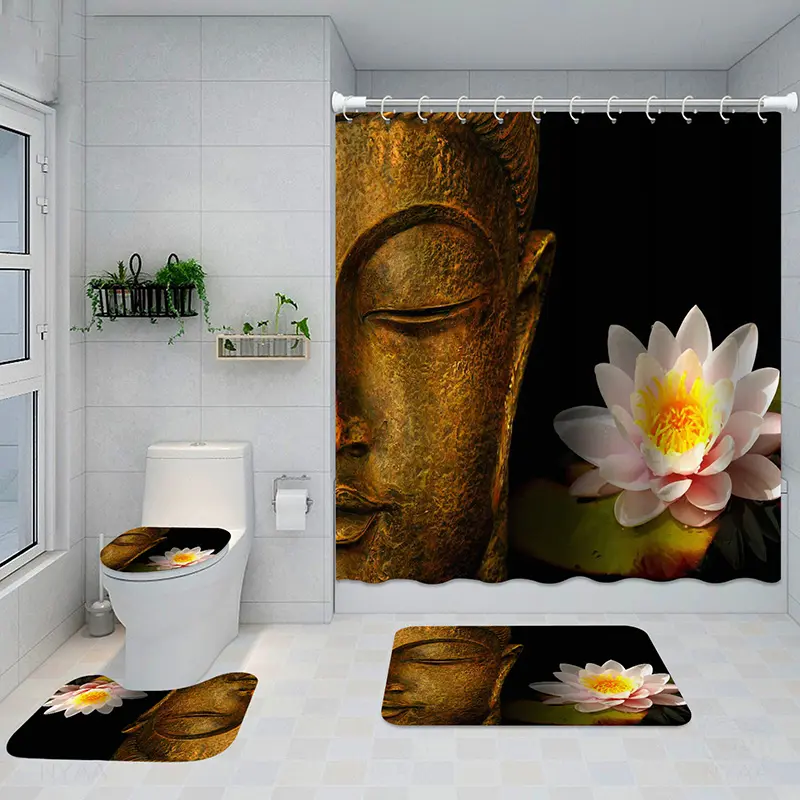 Complete 4-Piece Bathroom Set – Waterproof 3D Printed Shower Curtain & Non-Slip Bath Mat Ensemble