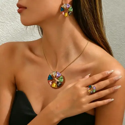 Luxury Multicolor Inlaid Crystal Pendant Necklace & Earrings Set | Elegant Statement Jewelry