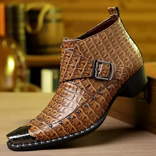 Men's Sleek Square-Toe Chelsea Boots - Glossy Finish Ankle Boots with Buckle Detail