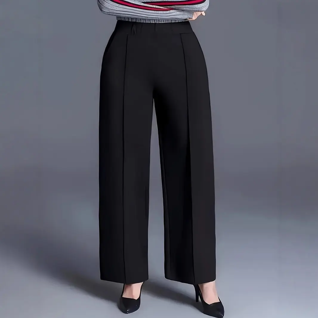 Women's Plus Size High-Waist Straight Leg Trousers - Elegant Stretch Commuter Pants