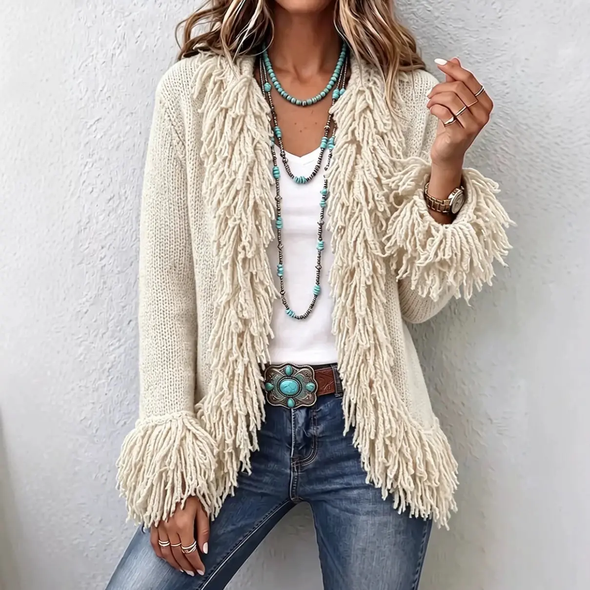 Women's Elegant Slim-Fit Fringe Knit Cardigan Jacket - Boho Patchwork Tassel Sweater Coat