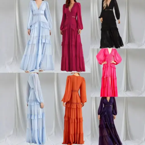Women's Elegant V-Neck A-Line Midi Dress - Long Lantern Sleeve Lace Trim Dress for Office and Evening