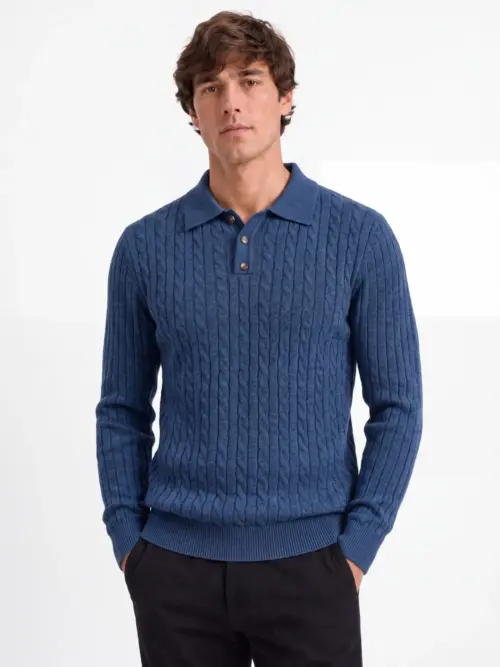 Men's Long-Sleeve Wool Knit Polo Sweater - Classic Business Casual Warm Pullover