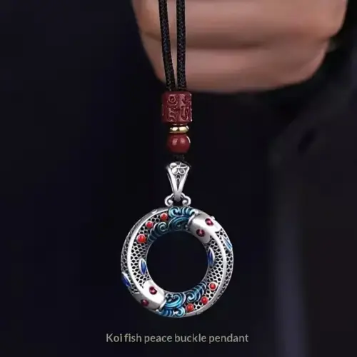 Vintage Chinese-Style Cinnabar & Copper Lucky Koi Necklace – Ethnic Guanyin Protection Pendant