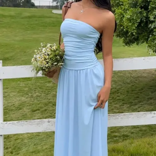 Women's Elegant Strapless Maxi Beach Dress – Flowy Pleated A-Line Vacation Sundress