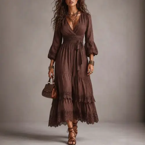 Women's Vintage Lace-Patchwork Maxi Dress with Lace-Up Collar and Puffed Sleeves