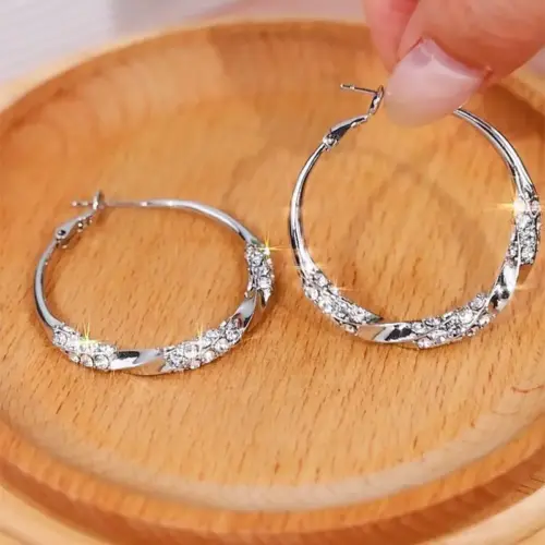 Elegant Silver Rhinestone Large Hoop Earrings - Sparkling Light Luxury Statement Jewelry