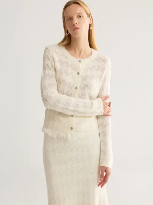 Elegant Sequin Fringe Cashmere & Wool Blend Cardigan