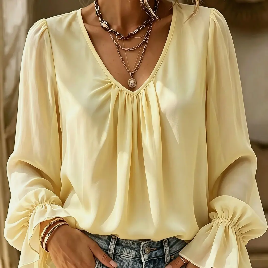 Women's Elegant V-Neck Pleated Blouse - Flowy Flared Long Sleeve Loose Fit Casual Pullover Top