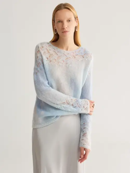 Pastel Watercolor Open-Knit Mohair-Blend Sweater with Beaded Accents