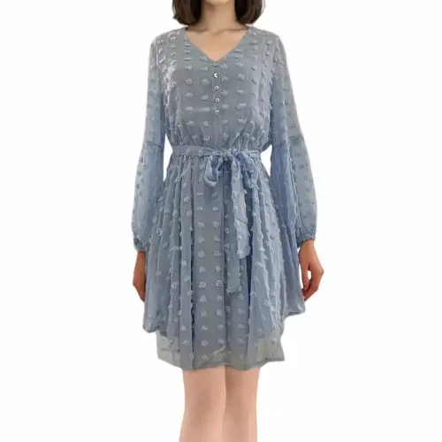 Elegant Light Blue Chiffon Jacquard A-Line Dress – Long Sleeve High-Waist Midi Dress