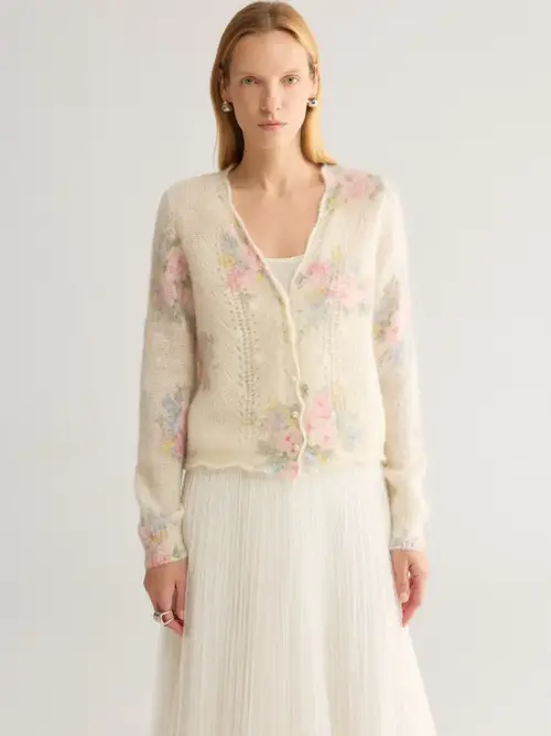 Vintage Pastel Floral Jacquard Mohair-Blend V-Neck Knit Cardigan with Pearl Buttons