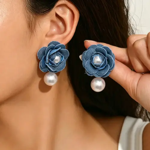 Chic Geometric Floral Stud Earrings with Pearl Inlay – Elegant Fabric Art Statement Jewelry for Women