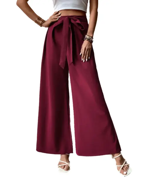 Women's High-Waisted Wide-Leg Trousers with Bow-Tie Belt - Elegant Flowy Casual Pants