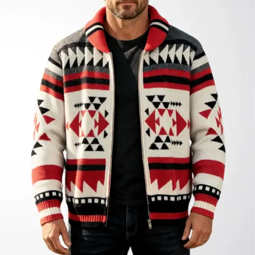 Men's Jacquard Knit Cardigan Sweater – Warm Long-Sleeve Lapel Winter Jacket in Bold Red