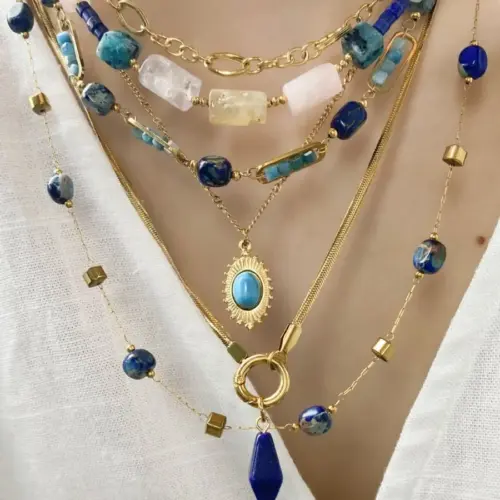 Chic Blue Pebble Layered Pendant Necklace for Women | Durable Titanium Steel Aesthetic Jewelry