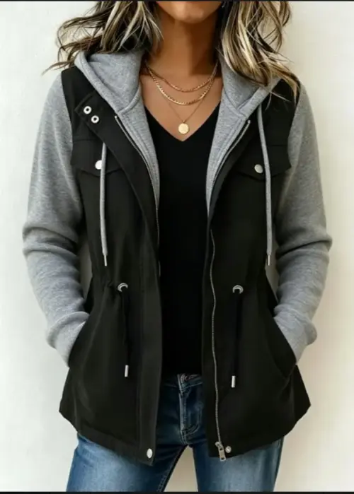 Women's Faux Two-Piece Hooded Cargo Jacket - Casual Drawstring Waist Fall Anorak Coat